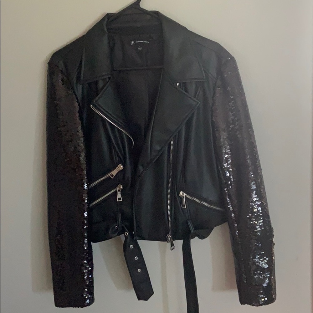 Sequined sleeve leather Moto jacket